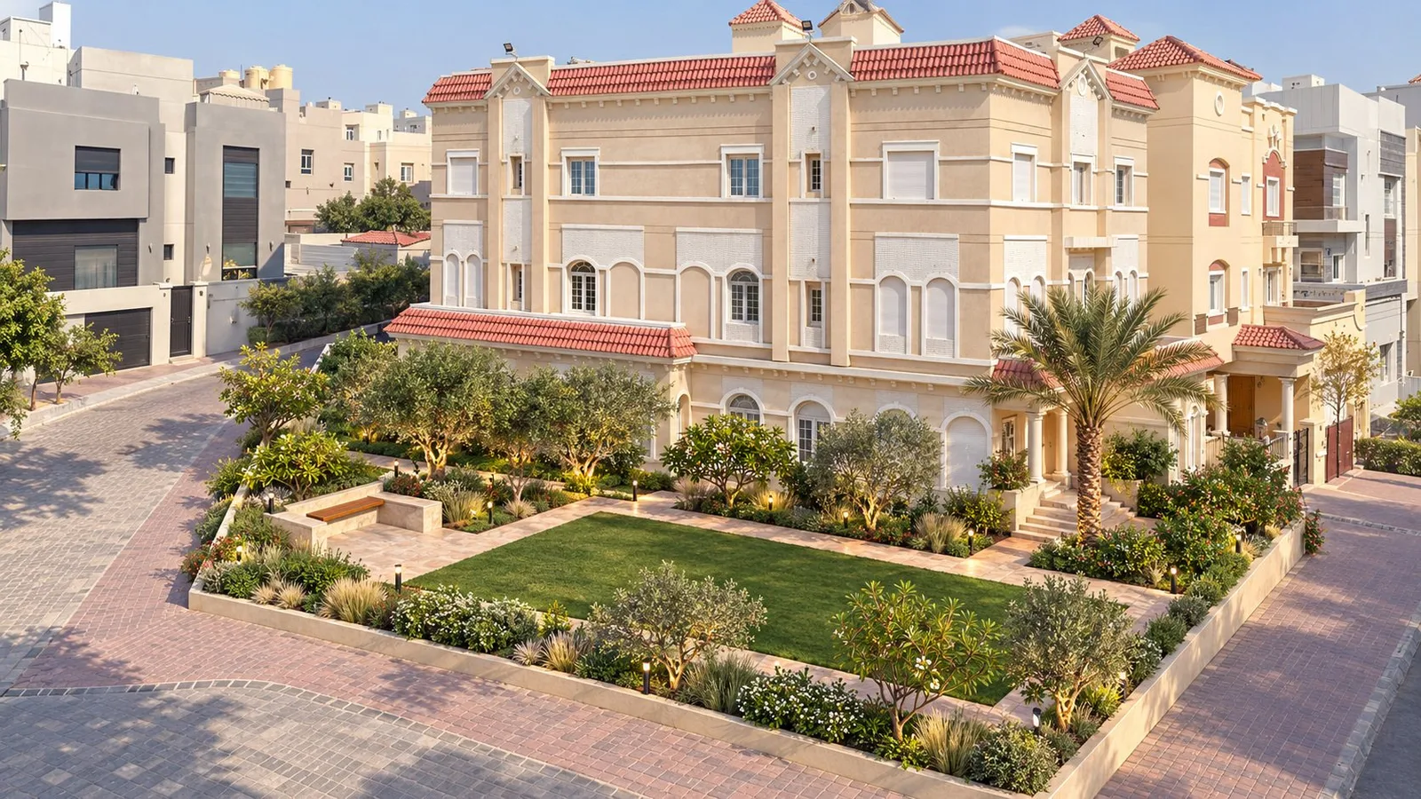 A residential garden with outdoor seating